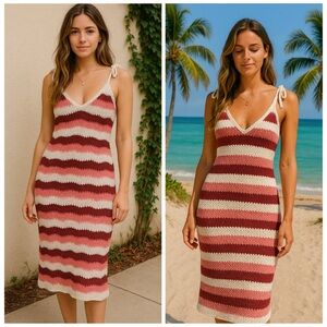 ZARA Crochet Striped Bodycon Midi Dress Cream Pink Small